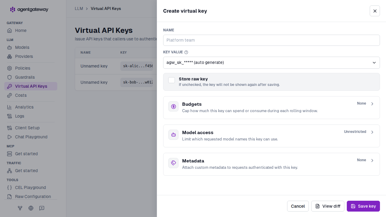 Create virtual key drawer with name, auto-generated key value, and metadata